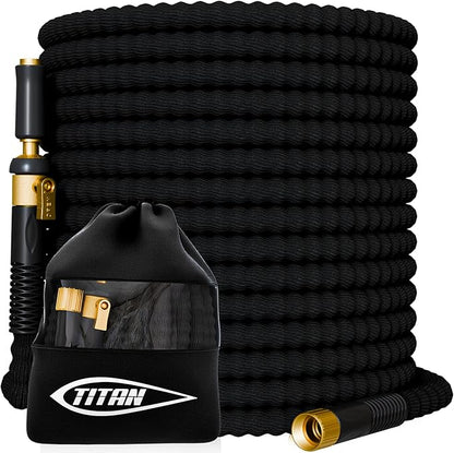 TITAN 100 ft Garden Hose – Lightweight Flexible Water Hose, Kink-Free Non-Expanding, High Flow, Solid Brass Fittings, Leak-Proof with Nozzle