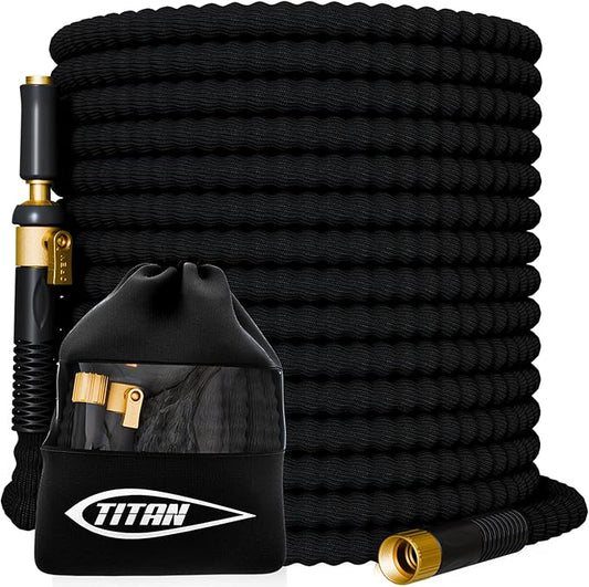TITAN 50 ft Garden Hose – Lightweight Flexible Water Hose, Kink-Free Non-Expanding, High Flow, Solid Brass Fittings, Leak-Proof with Nozzle