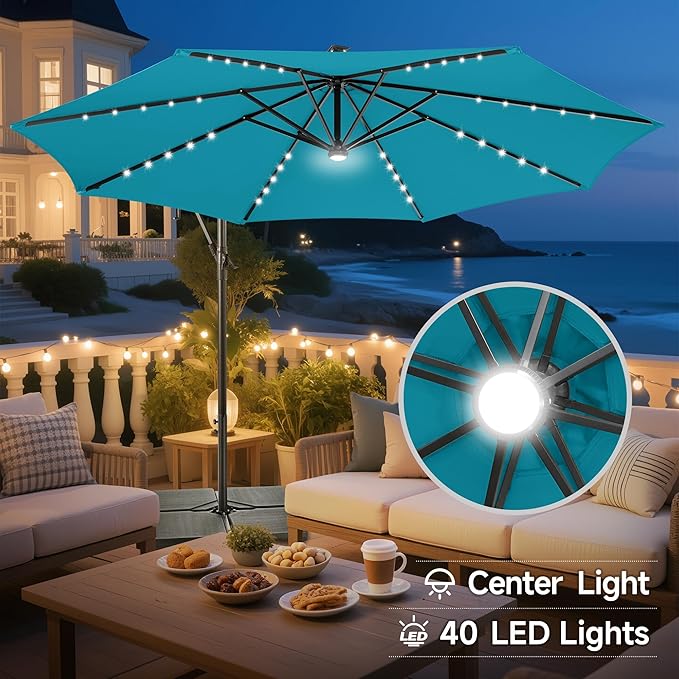 Solar Offset Patio Umbrella - 10 ft Solar Cantilever Umbrella Outdoor with 40 LED Lights and Cross Base, UV Protection for Garden, Deck, Backyard, Pool, Porch (Aqua Blue)