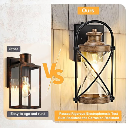 OKELI Dusk to Dawn Outdoor Wall Lights Fixtures, Waterproof Exterior Lighting Fixtures with Photocell Sensor,Vintage Faux Wood Grain Metal Cage Lantern Outside Lights for Porch Patio House Garage