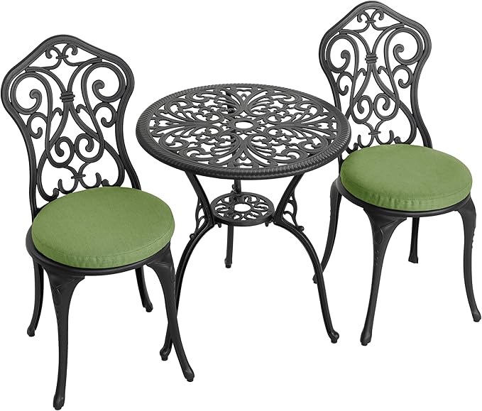 NUU GARDEN Patio 3-Piece Bistro Set with Cushions, Patio Chairs and Outdoor Round Table with Umbrella Hole, Cast Aluminum Patio Set for Lawn, Garden, Porch, Poolside, Black