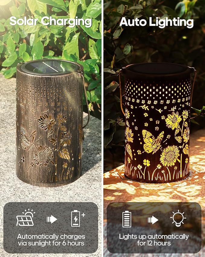 Solar Lanterns Outdoor Butterfly Waterproof Christmas Gifts Sunflower Garden Decor, Best Gifts for Mom Women Grandmom, Hanging Metal Lantern Lights for Patio, Pathway, Yard, Landscape, Lawn