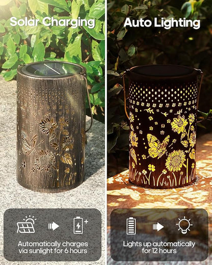 Solar Lanterns Outdoor Butterfly Waterproof Christmas Gifts Sunflower Garden Decor, Best Gifts for Mom Women Grandmom, Hanging Metal Lantern Lights for Patio, Pathway, Yard, Landscape, Lawn