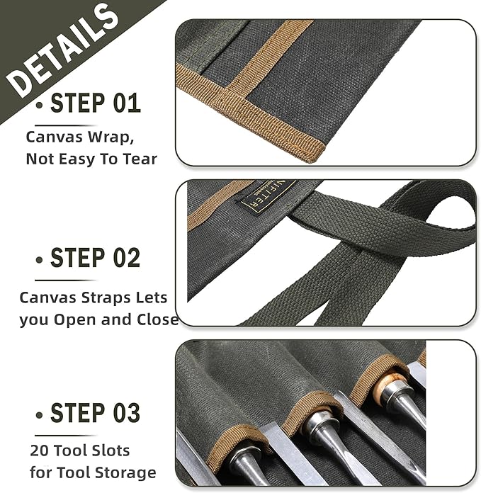 Wrench Roll Up Pouch (20 Slots), Portable Carry On Pouch Workshop Storage Woodworking Tools Organizer Bag Waxed Canvas Tool Roll & ArmyGreen