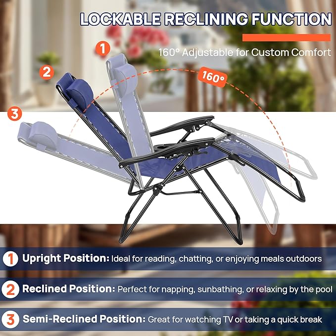 Alpen Folding Lounge Chair Outdoor Set of 2, Lawn Chairs Adjustable & Foldable with Side Table Headrest, Portable Blue Reclining Camping Chair for Outdoor Camping, Blue