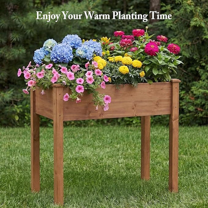 DUMOS Raised Garden Bed with Legs, 34x18x30 Inch Planter Box Outdoor with Liner for Herbs Flowers Vegetables, Elevated Wooden Garden Bed for Patio, Balcony and Backyard, Brown