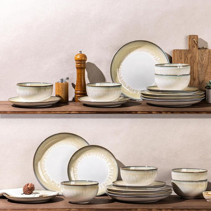 LERATIO Ceramic Dinnerware Sets for 4,Reactive Glaze Plates and Bowls Set with Mugs, Dishwasher,Microwave & Oven Safe Dishes set-Sage Ivory