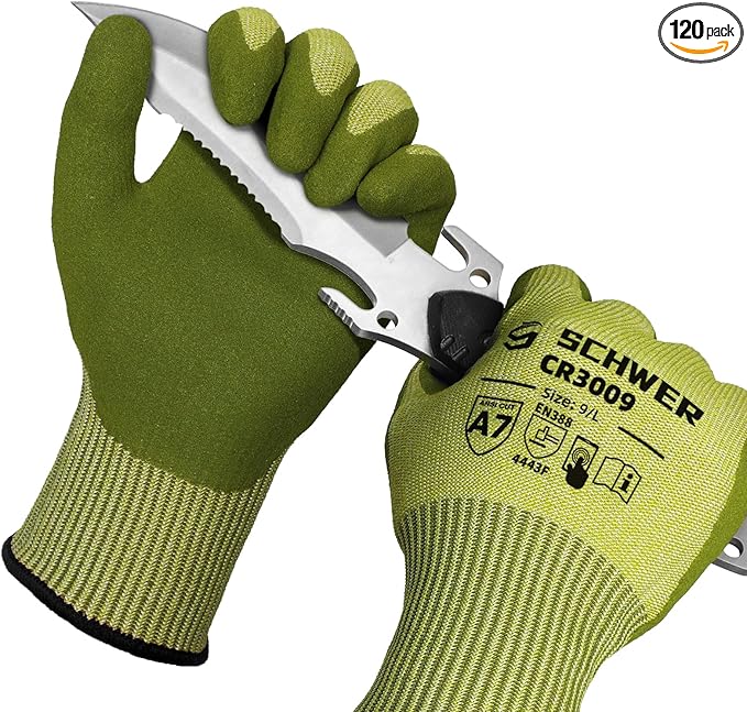 Schwer 120 Pairs ANSI A7 Cut Resistant Fishing Gloves, CR3009 Touchscreen Compatible Work Gloves for Men and Women, Non Slip, Ideal for Fishing, Hunting, Hiking, Cycling, DIY and Outdoor Activities, L