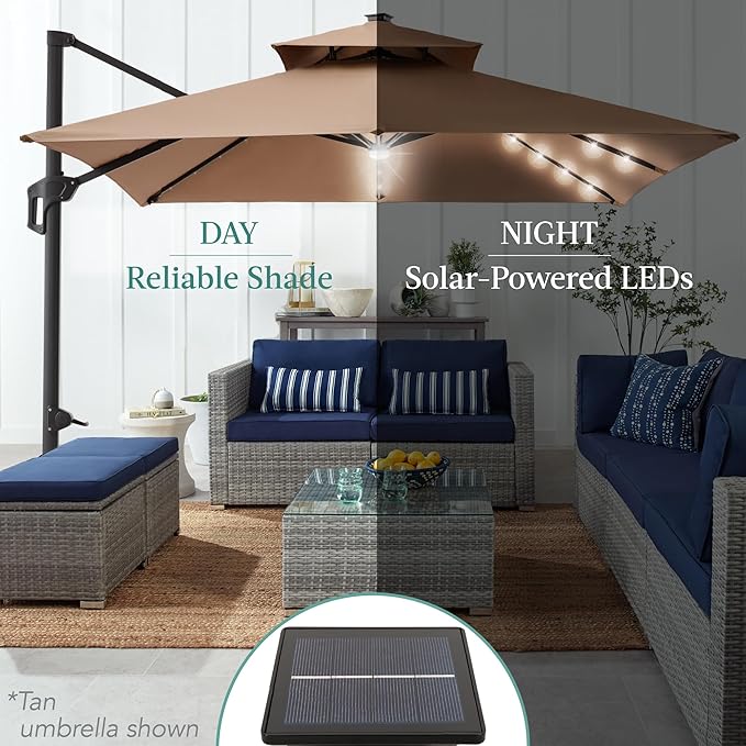 Best Choice Products 10x10ft Cantilever Patio Umbrella w/Base Included, Solar LED Lights 360 Rotation Large Offset Hanging Outdoor Shade for Deck Pool Backyard w/Stand – Rust