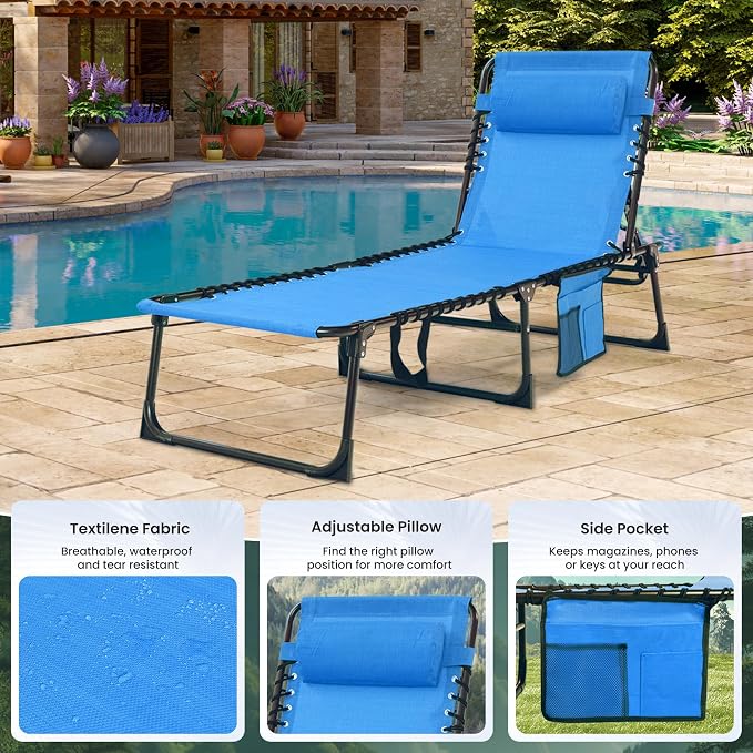 2 Pack Outdoor Folding Chaise Lounge 5-Position Adjustable Recliner 400LB Heavy Duty Portable Patio Camping Beach Chair, Blue