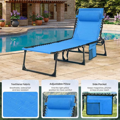 2 Pack Outdoor Folding Chaise Lounge 5-Position Adjustable Recliner 400LB Heavy Duty Portable Patio Camping Beach Chair, Blue