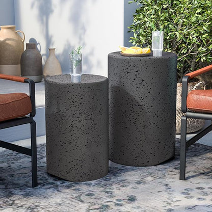 SUNBURY Concrete Side Table Set of 2, Outdoor Side Table Nesting for Patio, Outdoor Accent End Patio in Spotted, Ceramic Garden Stool for Yard, Pool, Round, Dark Grey