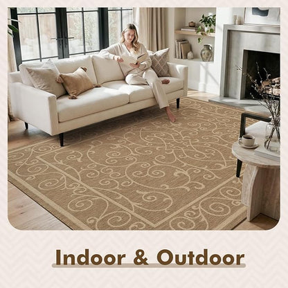 MontVoo-Outdoor Rug-Patio Rug 6x9 ft Polypropylene Indoor Outdoor Rugs Outdoor Carpet for Patio Deck Balcony Porch, Textured Weave, Durable for High Traffic, Fade-Resistant, Vintage Neutral Brown