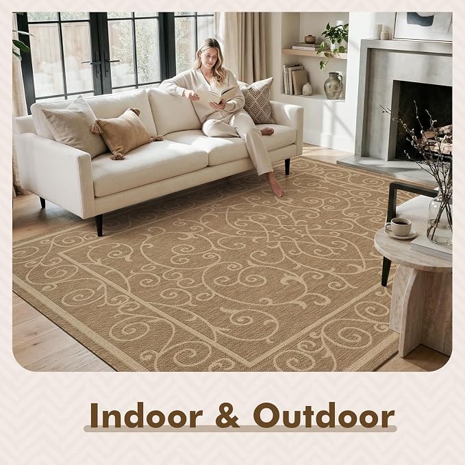 MontVoo-Outdoor Rug-Patio Rug 5x7 ft Polypropylene Indoor Outdoor Rugs Outdoor Carpet for Patio Deck Balcony Porch, Textured Weave, Durable for High Traffic, Fade-Resistant, Vintage Neutral Brown