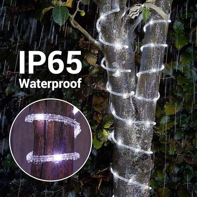 Solar Rope Lights, 2 Pack Total 66ft 200LED Solar String Lights, 8 Modes Waterproof Solar Powered Outdoor Light, Flexible Clear Tube Light for Garden Backyard Patio Deck Porch Pool Tree Decor - White