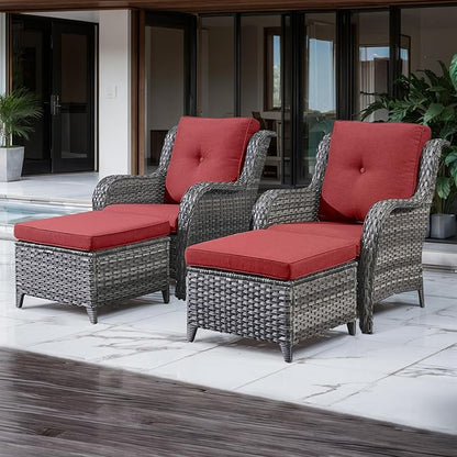 HUMMUH 4 Pieces Patio Furniture Set Wicker Patio Chairs Set of 2 with Ottomans Rattan Outdoor Furniture Conversation Set for Yard,Garden,Porch