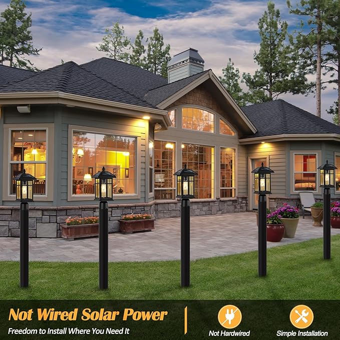 Solar Post Lights 2 Packs, Waterproof Post Lantern with Pier Mount Base, Aluminum Post Lamp Warm White Bulb Included for Yard Garden Pillar Pole Pathway