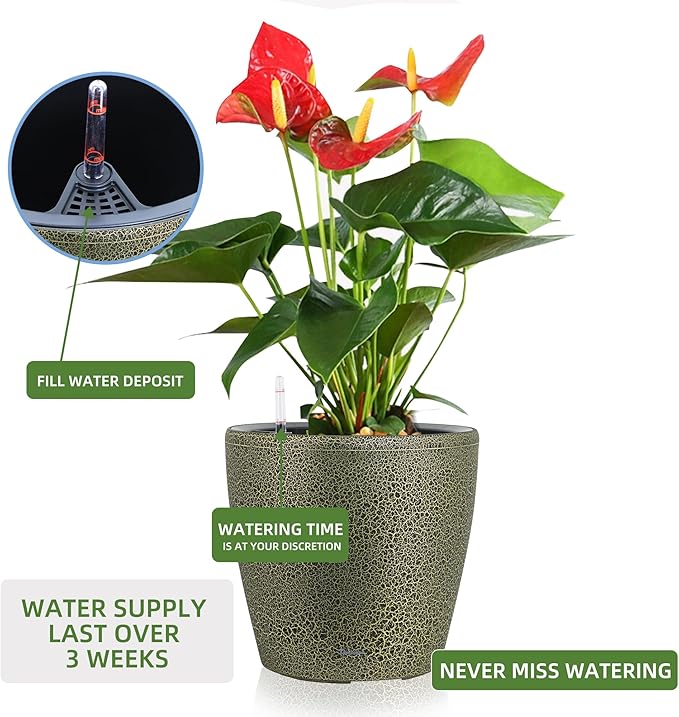 Dexceder 15x14 Self Watering Planter with Wheels Indoor Outdoor, Inner Pot Design, Thickened Large Floor Standing Flower Plant Pot with Water Level Indicator (Black Gold Crackle)