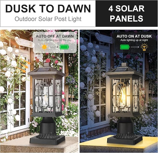 Solar Outdoor Post Light,Dusk to Dawn Aluminum Lamp Posts with Remmote,Waterproof Exterior Pillar Lantern with Water Ripple Glass for Pathway Garden Patio Gargae, 2700K LED Bulb Included