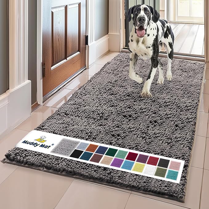 Muddy Mat® | Super Water Absorbent Door Mat Indoor, Microfiber Quick Dry Chenille Entryway Rug, Slip Resistant Front Door Mat, Indoor Mats for Entryway, Machine Washable Pet Rug, Charcoal 24" x 72"