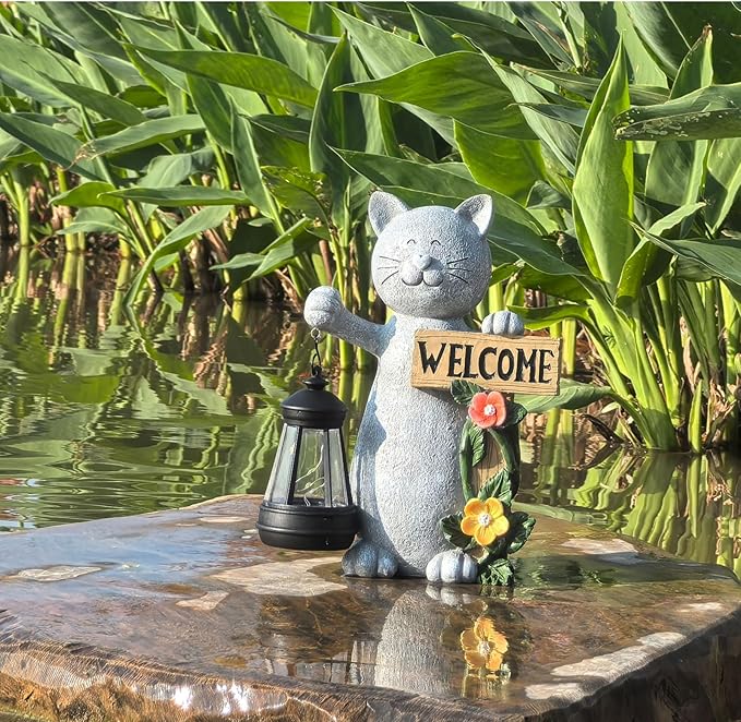 Solar Cat Statue Outdoor Decor-9.4" Welcome Garden with Sculpture Solar Lantern Flowers,Weatherproof Resin Art for Patio, Lawn,Yard Outside, for Women,Grandma,Adults,Kids,Cat Lovers