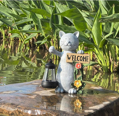 Solar Cat Statue Outdoor Decor-9.4" Welcome Garden with Sculpture Solar Lantern Flowers,Weatherproof Resin Art for Patio, Lawn,Yard Outside, for Women,Grandma,Adults,Kids,Cat Lovers