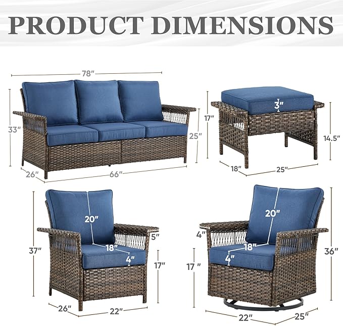 Patio Furniture Set 2 Wicker Swivel Glider Chairs 2 PE Rattan Chairs and 2 Ottomans with Blue Cushions Patio PE Rattan Side Table Brown Wicker Patio Conversation Set 7pcs for Patio