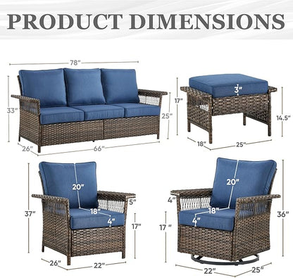 Patio Furniture Set 2 Wicker Swivel Glider Chairs 2 PE Rattan Chairs and 2 Ottomans with Blue Cushions Patio PE Rattan Side Table Brown Wicker Patio Conversation Set 7pcs for Patio