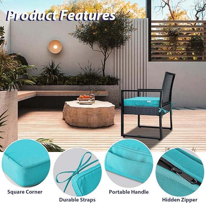 Outdoor Chair Cushions Set of 4,Waterproof Outdoor Seat Cushions for Patio Furniture,Patio Chair Cushion with Handle and Ties, Square Out Door Chair Pads,19" x 19" x 3", Teal