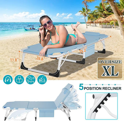 ABORON 3-in-1 Tanning Chair, 5-Position with Face and Arm Holes | 5-position reclining chair includes a removable mat, pillow, face hole and arm slots; folds flat for beach or patio use.