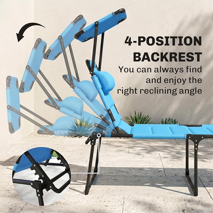 Outsunny Outdoor Lounge Chair, Adjustable Backrest Folding Chaise Lounge, Cushioned Tanning Chair with Sunshade Roof & Pillow Headrest for Beach, Camping, Hiking, Light Blue