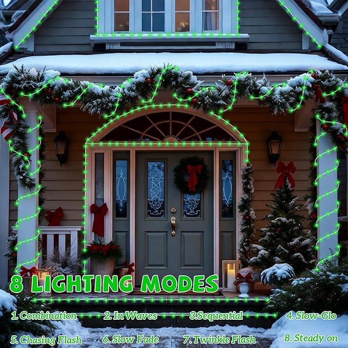 YEGUO Solar Christmas Lights Outdoor Waterproof, 2 Packs Each 33ft 100 LED Rope Lights, 8 Modes Fairy String Lights in Clear Thin Tube for Camping Fence Patio Garden Trampoline Deck(Green)