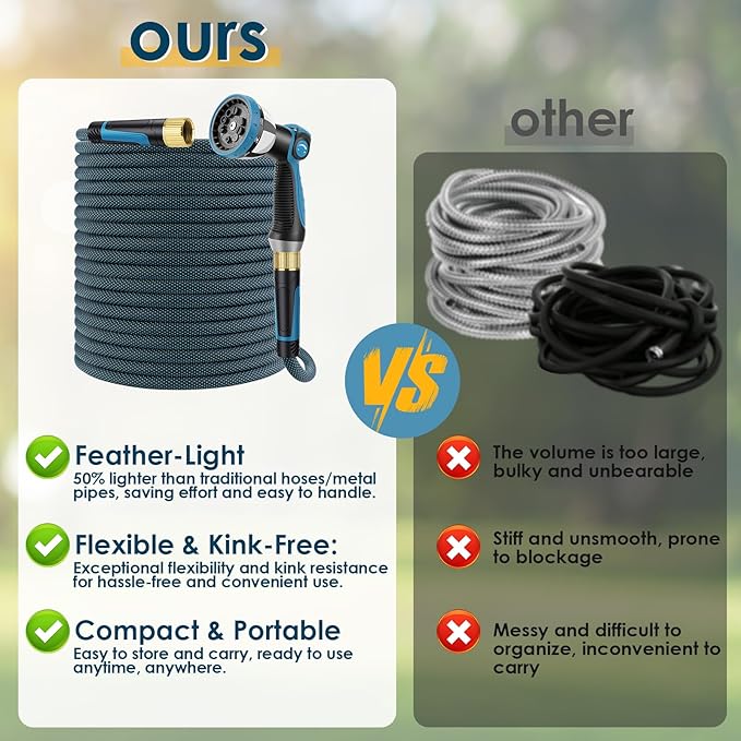 Non-Expandable Garden Hose 25 FT, Lightweight Hose with 10 Function Spray Nozzle, Kink-Free Flexible Water Hose, Durable, Leak-Proof, 360° Swivel Connectors, Portable Storage Strap