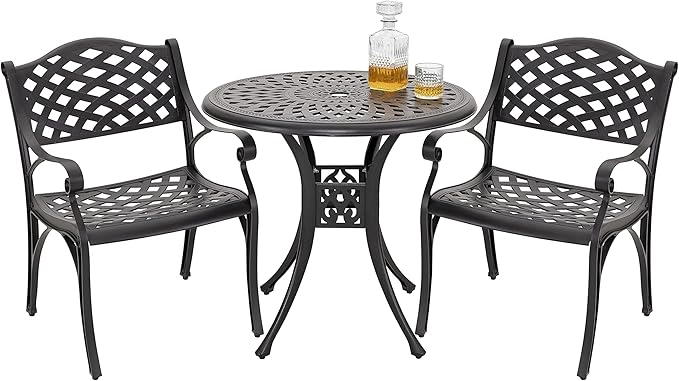 NUU GARDEN 3 Piece Outdoor Cast Aluminum Bistro Table Set Rustproof Table and Chairs with Umbrella Hole for Backyard, Balcony, Front Porch, Black
