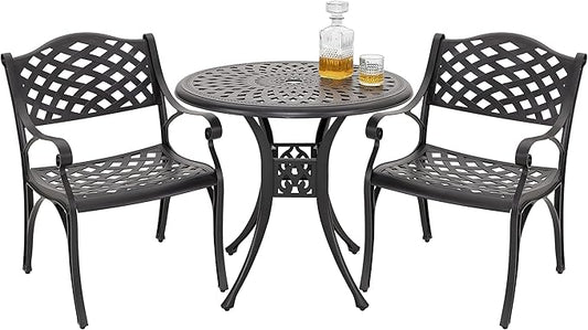 NUU GARDEN 3 Piece Outdoor Cast Aluminum Bistro Table Set Rustproof Table and Chairs with Umbrella Hole for Backyard, Balcony, Front Porch, Black