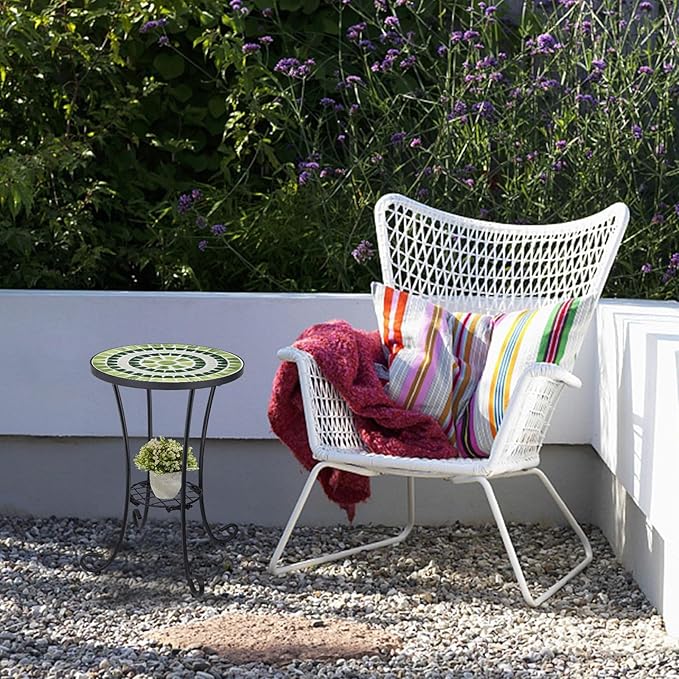 VCUTEKA Outdoor Side Table Mosaic Patio Table Accent Tables Mosaic Tile Top Metal Frame Small End Tables Porch Beach Patio Garden Balcony Grass Green