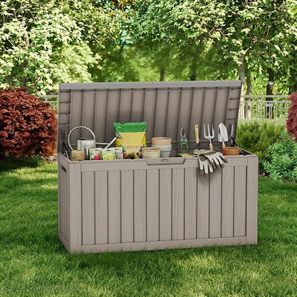 80 Gallon Deck Box, Waterproof Resin Outdoor Storage Box Lockable for Patio Furniture, Fade Resistant Patio Side Table & Organizer for Garden Tools, Pool Floats, Outdoor Cushions, Light Coffee