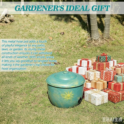Vintage Blue Metal garden Hose Holder Storage Pot with Sunflower Decor,Holds up to 100ft Hoses.
