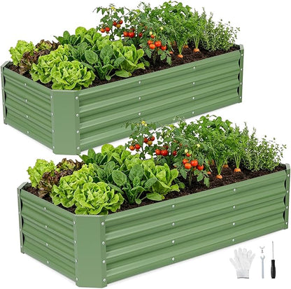 INNO STAGE 2 Pcs 4×2×1ft Galvanized Raised Garden Bed Kit, Galvanized Planter Raised Garden Boxes Outdoor, Large Metal Raised Garden Beds for Vegetables, Flowers, Herbs, OliveGreen
