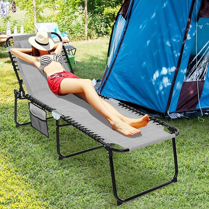 Giantex Patio Lounge Chairs for Outside - Folding Tanning Chair w/Headrest, 4 Adjustable Positions, Side Pocket, Outdoor Chaise Lounge for Camping, Pool, Sunbathing Beach Chair, Grey