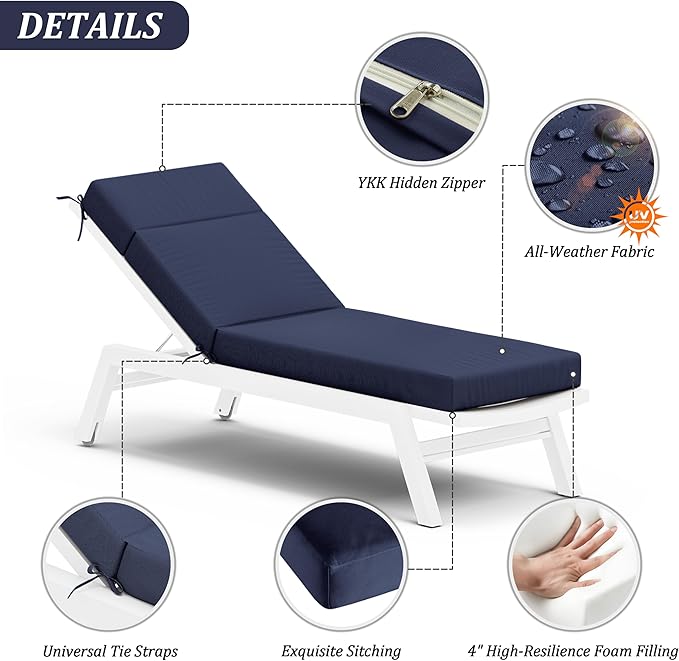 Chaise Lounge Cushion for Outdoor Furniture, Waterproof Fade and Tear Resistant Lounge Deck Chair Cushions for Patio Lawn Pool Resort Hotel