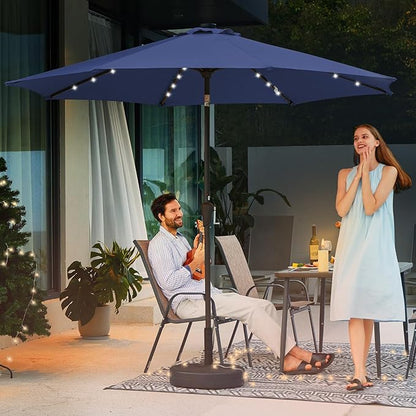 JEAREY 9FT Outdoor Patio Umbrella with Solar Lights, LED Lighted Pool Umbrella with Tilt and Crank, Outdoor Table Umbrellas for Deck, Yard & Market (Dark Blue)