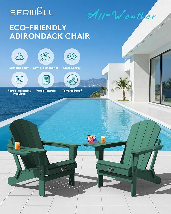 SERWALL Folding Adirondack Chair, Outdoor Adirondack Chairs with 4 in 1 Cup Holder, Weather Resistant Plastic Patio Chair for Garden, Backyard, Deck, Lawn, Fire Pit- Green