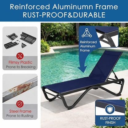 Kozyard Outdoor Chaise Lounge Chair, All Aluminum Frame and Textilene Fabric, Fully Flat Adjustable Reclining Patio Lounger for Poolside, Sunbathing & Backyard (NavyBlue, 2Chairs + Table)