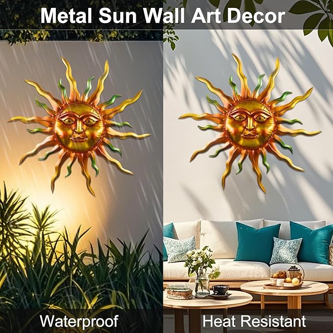 30" Outdoor Metal Wall Art, Large Metal Wall Decor Sun Face Art Decoration, Outdoor Metal Art Wall Sculptures for Garden Hanging for Yard Patio Garden(Green)