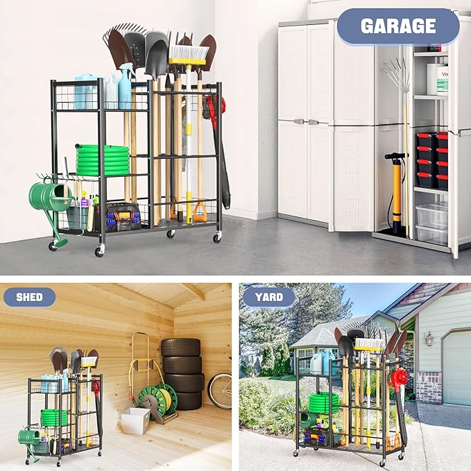 WALMANN Large Garden Tool Organizer with Wheels for Garage, Rakes/Shovels/Yard Tools Storage Stand for Yard, Garden, Indoor/Outdoor Long-Handled Tools Rolling Cart(Tool stand with shelves)