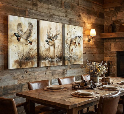 3Pcs Rustic Outdoor Wildlife Canvas Wall Art Watercolor Deer Duck And Fish Wall Decor Pictures Vintage Farmhouse Hunting Posters Prints for Living Room Bathroom Kitche Home Decoration