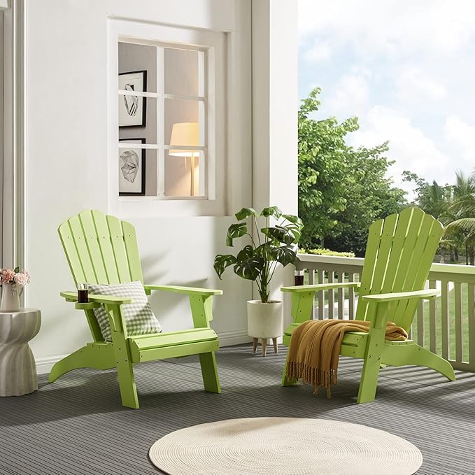 Psilvam Adirondack Chair, Oversized Poly Lumber Fire Pit Chair with Cup Holder, 350Lbs Support Patio Chairs for Garden, Weather Resistant Outdoors Seating, Relaxing Gift for Father & Mother (1, Green)