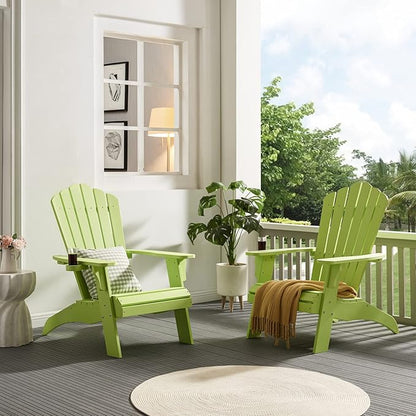 Psilvam Adirondack Chair, Oversized Poly Lumber Fire Pit Chair with Cup Holder, 350Lbs Support Patio Chairs for Garden, Weather Resistant Outdoors Seating, Relaxing Gift for Father & Mother (1, Green)