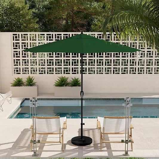 California Umbrella 9' Rd Aluminum Patio Umbrella, Crank Lift, Auto Tilt, Black Finish, Sunbrella Forest Green